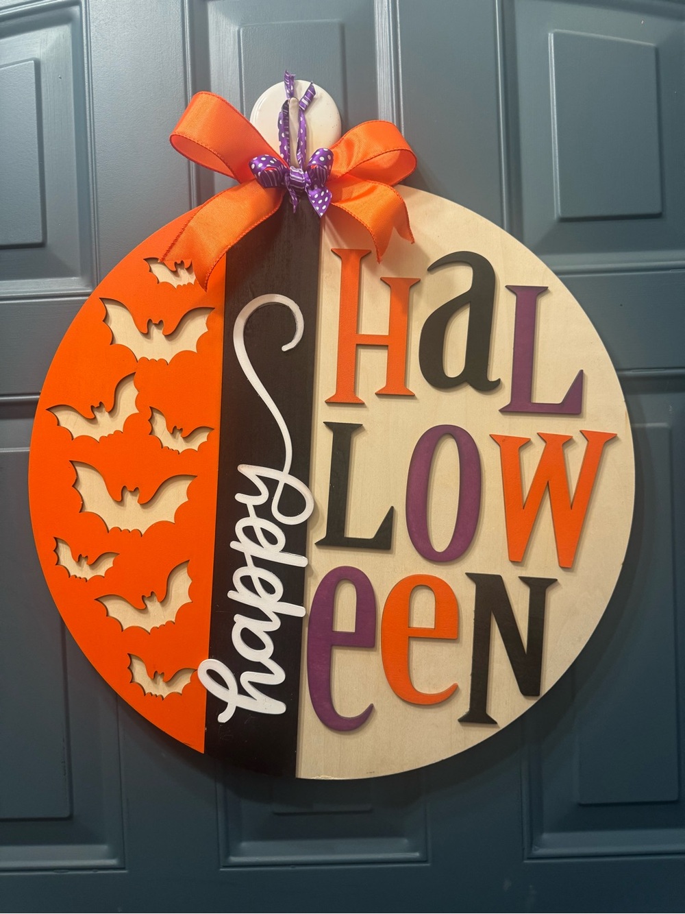 18” Halloween Round Wooden Door Hanger - Orange, Black, Purple